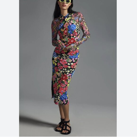 Anthropologie Mesh Halter Mock-Neck Dress Floral Bodycon Midi Stretchy Size XXS - Picture 1 of 14